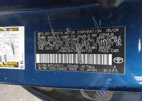 2010 Toyota Camry Le V6 z USA, uszkodzony, nr VIN JTNBK3EK7A3049125